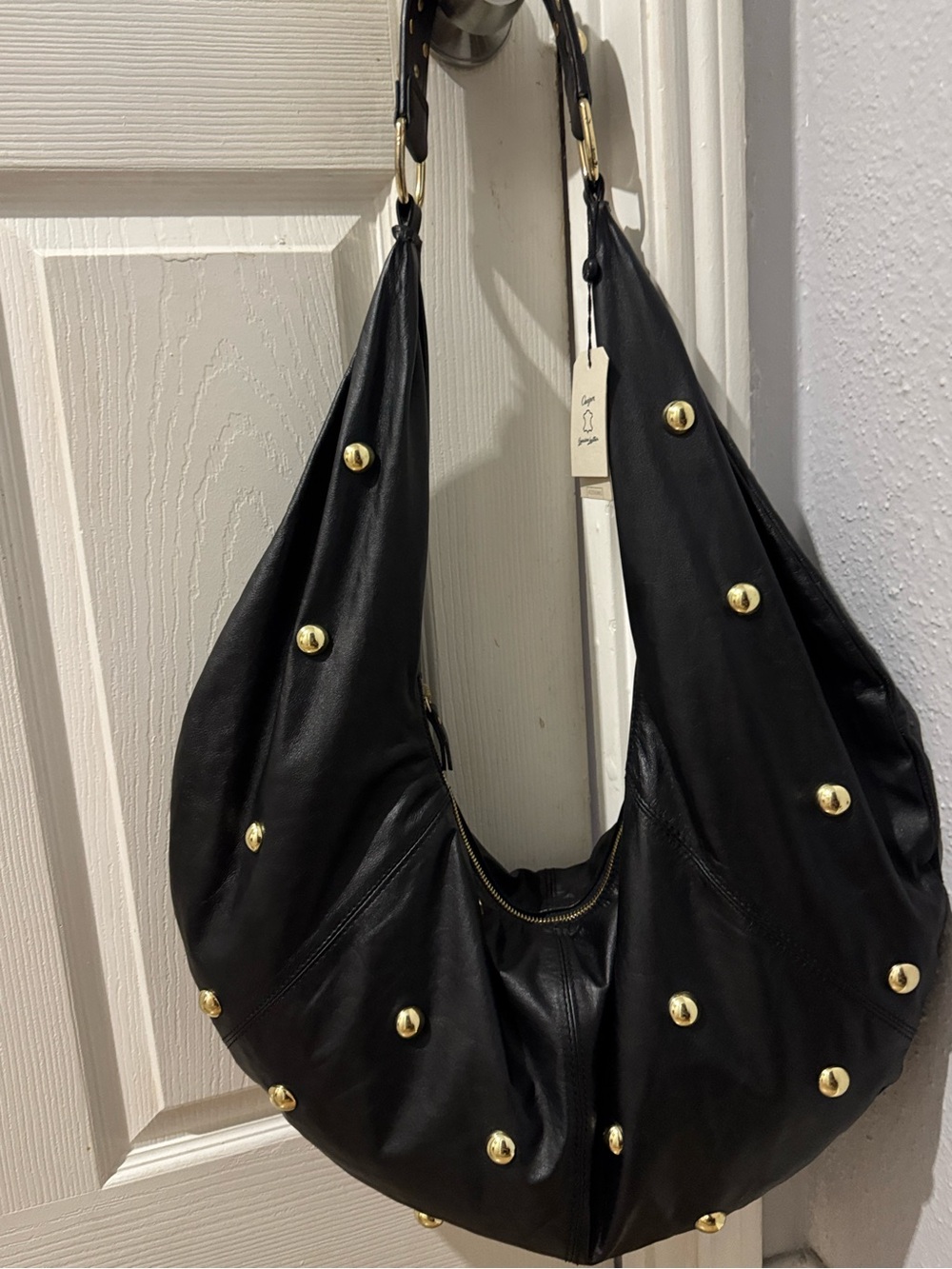 Chevignon Leather Black  Hobo with Gold Studded accents .